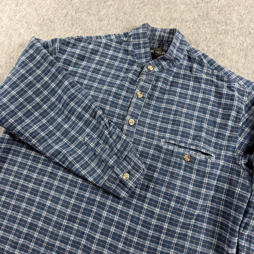 Lee Valley Ireland Mens Blue Plaid Flannel Medium Grandfather Shirt Band Collar